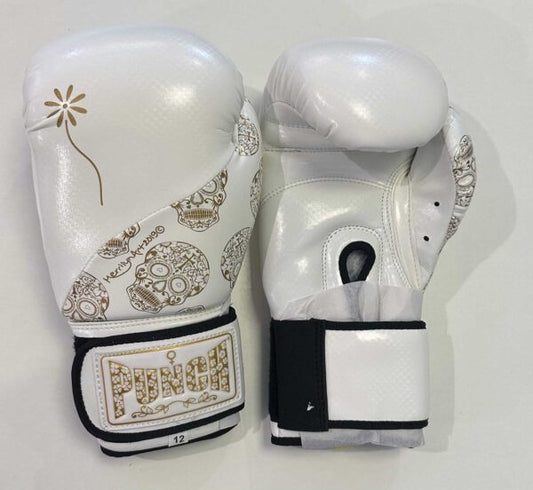 Boxing Gloves - 12oz - Punch Brand - White with Gold Skulls