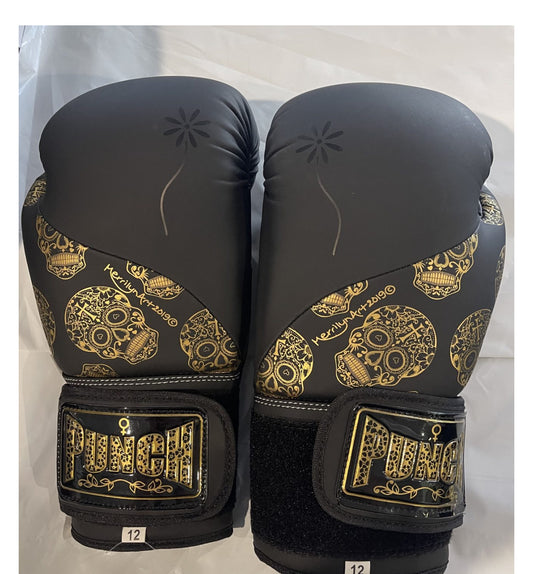 Boxing Gloves - 12oz - Punch Brand - Black with Gold Skulls