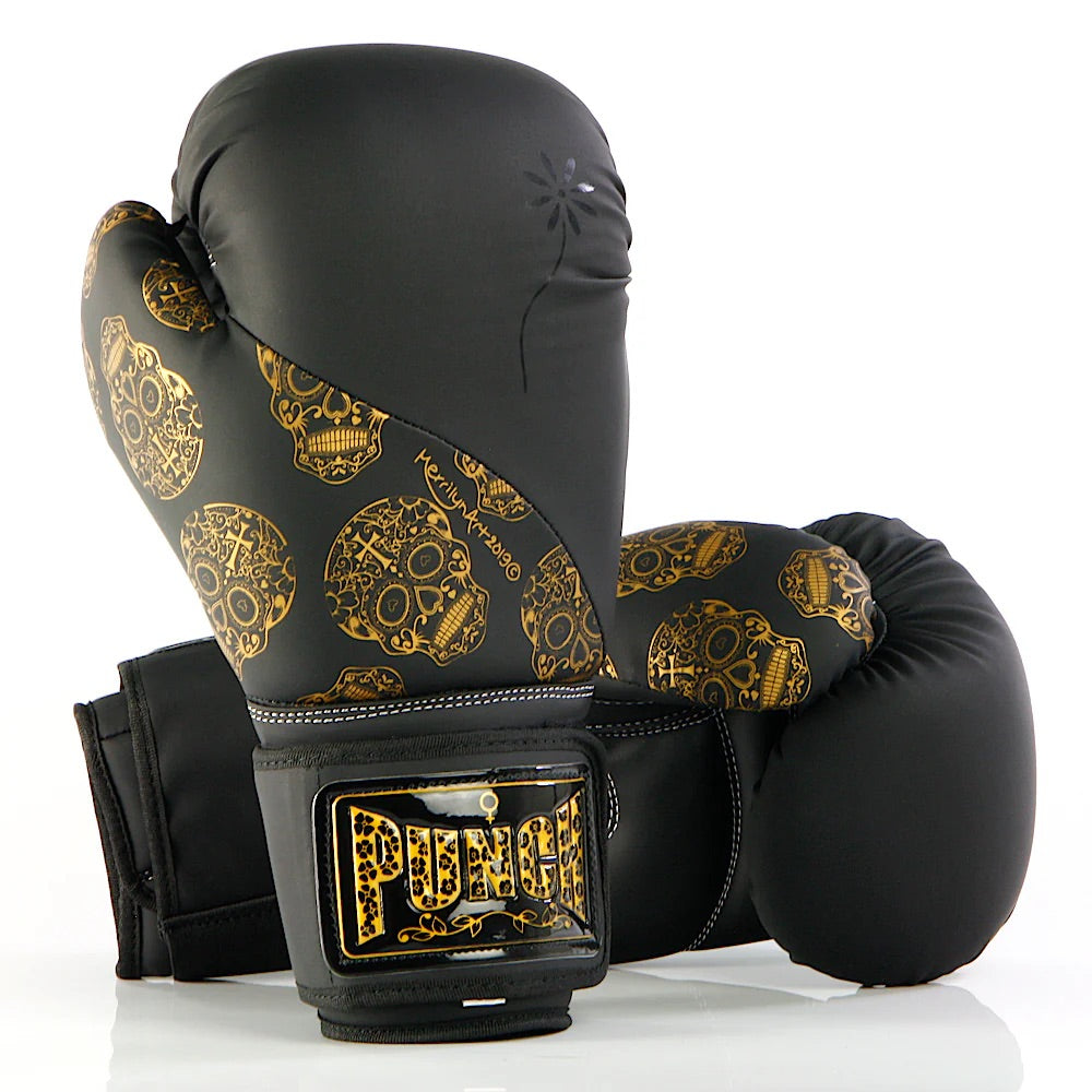 Boxing Gloves - 12oz - Punch Brand - Black or White with Gold Skulls